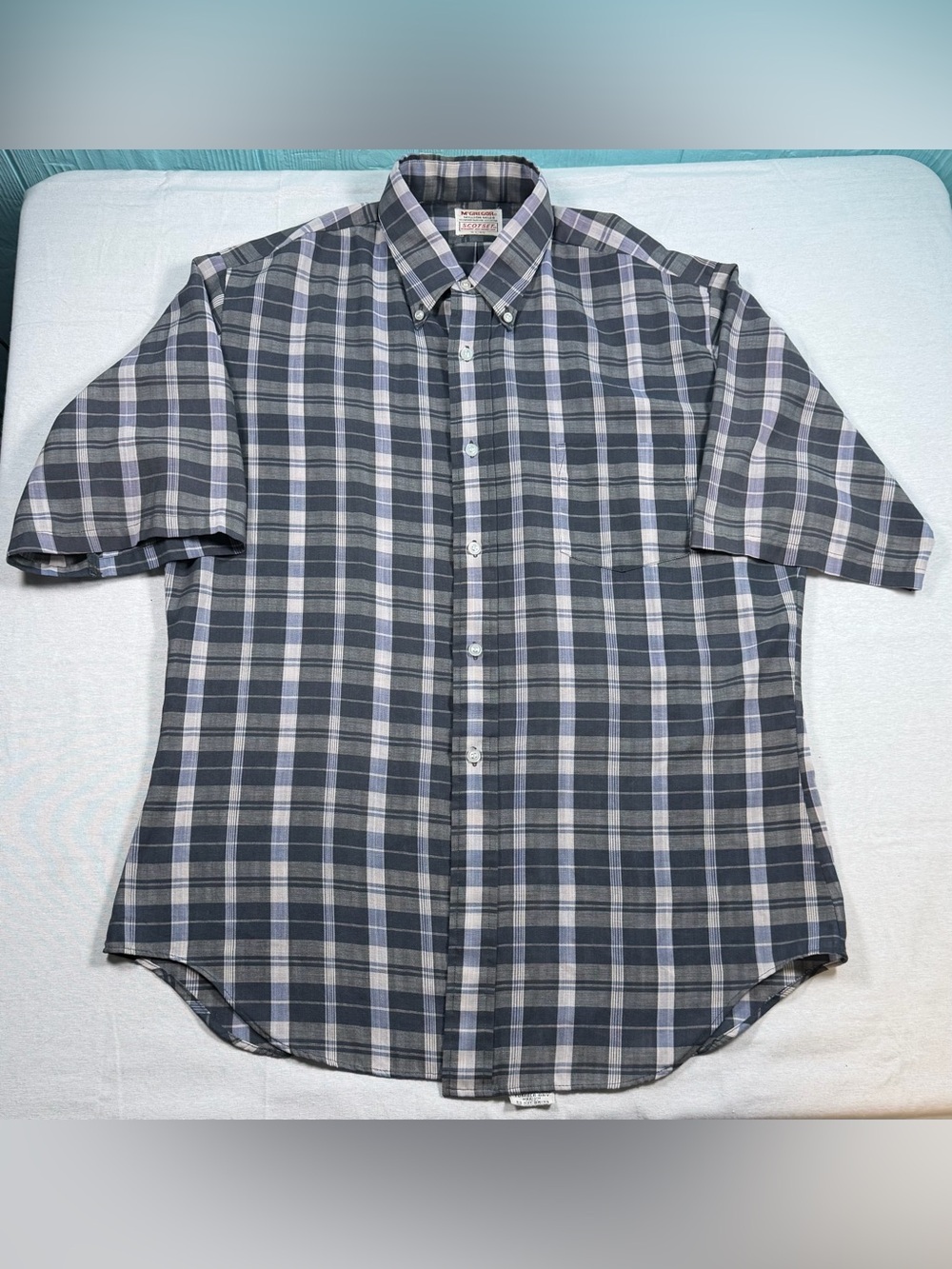 VTG 70s McGregor Million Mile Plaid Short Sleeve Shirt L Gray Scotset Retro